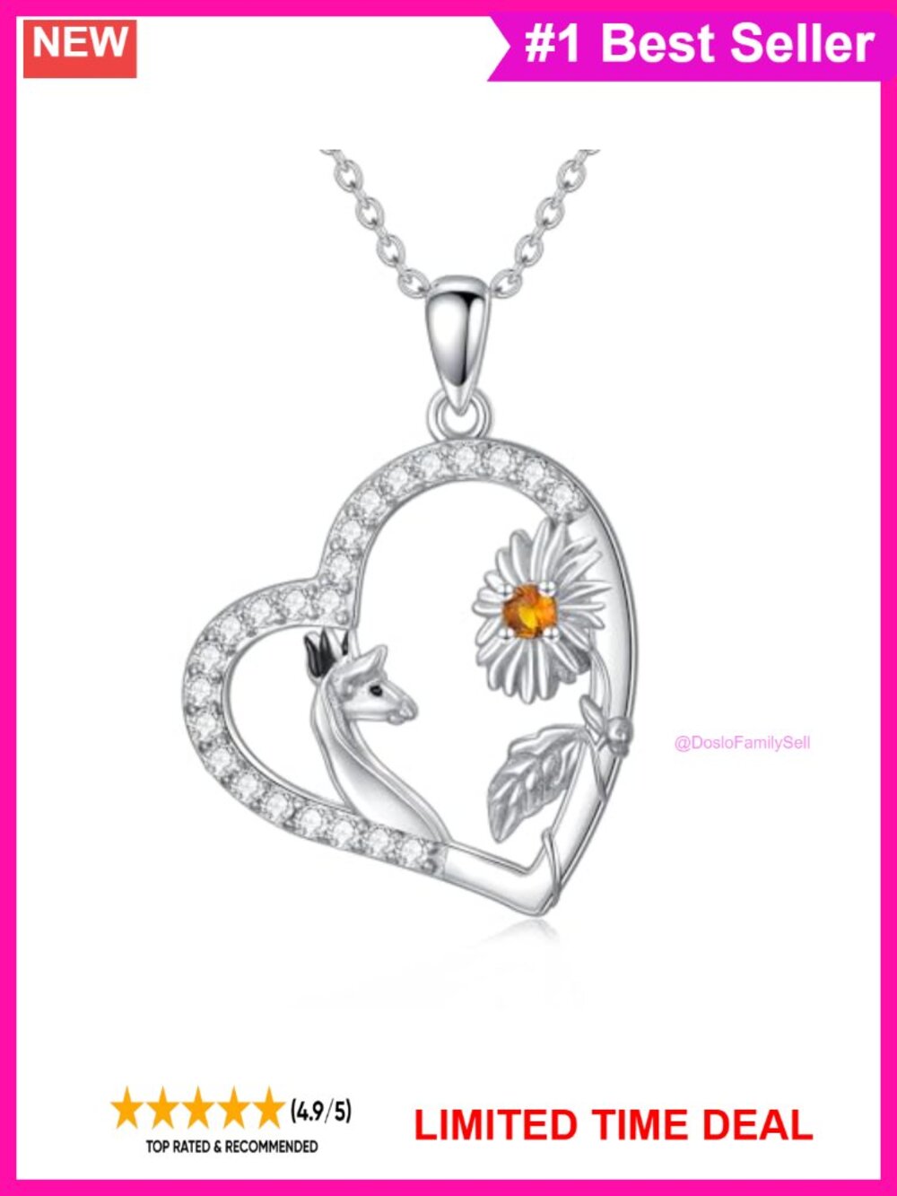 925 Sterling Silver Giraffe Birthstone Necklace Heart Sunflower Pendant
